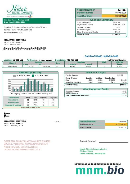 USA North Dakota Nodak Electric Cooperative rachunek za usługi komunalne szablon w formacie Word i PDF